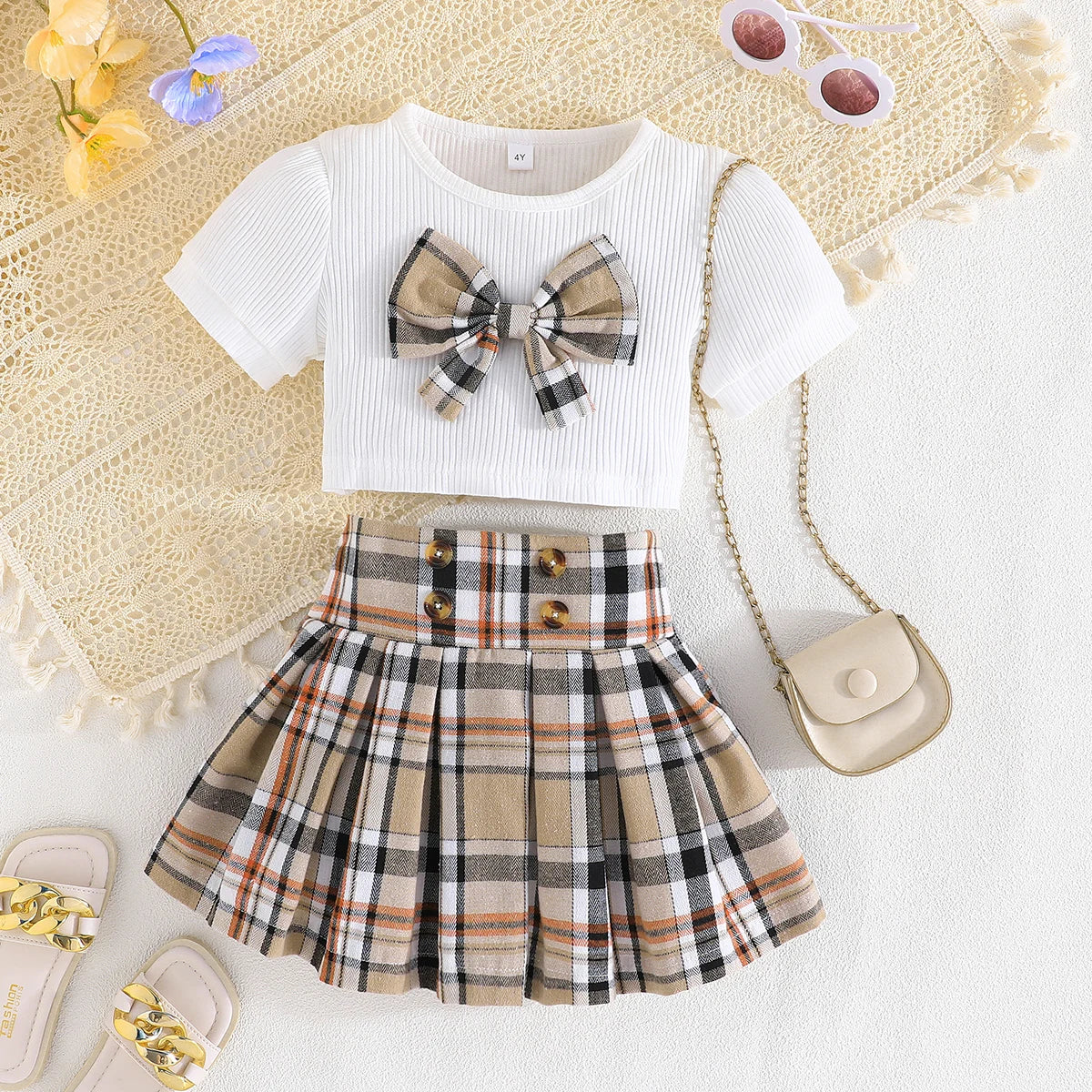 Puff Sleeve Bow Top and Elastic Pleated Skirt Summer Outfit Toddler Infant Clothing Set Kids Wear