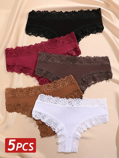 5PCS/Set Women Cotton Panties Sexy Lace Brazilian Panties Low Waist Elastic Thongs Female Comfortable Underwear Solid Color S-XL