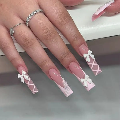 24pcs Artifical Bails With Glue Fake Nail Tips With Design Detachable Press On Nails Long Fake Nail Finished Nail Piece Sticker