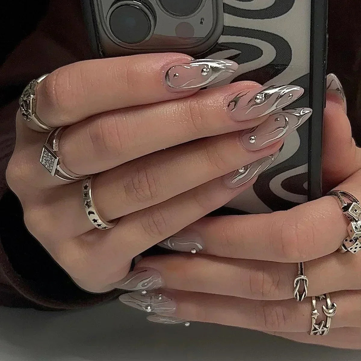 24Pcs Pink Almond French Press on Nails With 3D Bow ripple charms Design Fake Nails Ballerina False Nails Full Cover Nail Tips