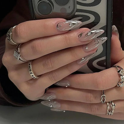 24Pcs Pink Almond French Press on Nails With 3D Bow ripple charms Design Fake Nails Ballerina False Nails Full Cover Nail Tips