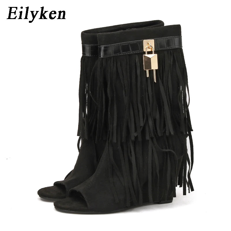 Eilyken Designer Fringe Wedges  Boot Sandals Woman High Heels Open Toe Party Prom Shoes 2025 Sexy Zipper Female Pumps
