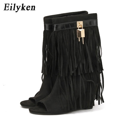 Eilyken Designer Fringe Wedges  Boot Sandals Woman High Heels Open Toe Party Prom Shoes 2025 Sexy Zipper Female Pumps