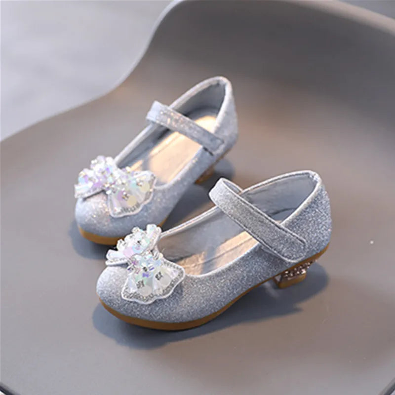 Kids Leather Shoe Sweet Princess Shoes for Girls with Rhinestone Bowtie Fashion Versatile Children's Shoes with Heels for Party
