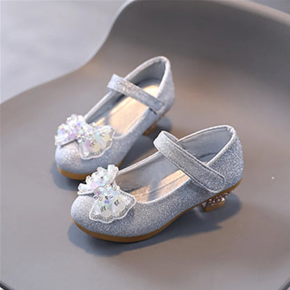 Kids Leather Shoe Sweet Princess Shoes for Girls with Rhinestone Bowtie Fashion Versatile Children's Shoes with Heels for Party