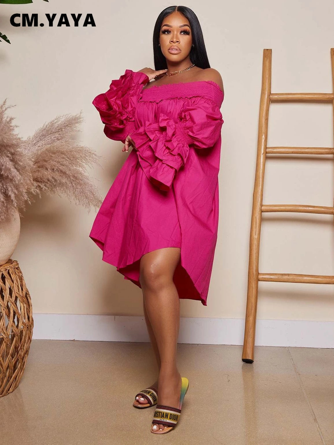 Chic Women Cascading Ruffles Petal Off Shoulder Long Sleeve Smock Dress Big Swing Loose Blouse