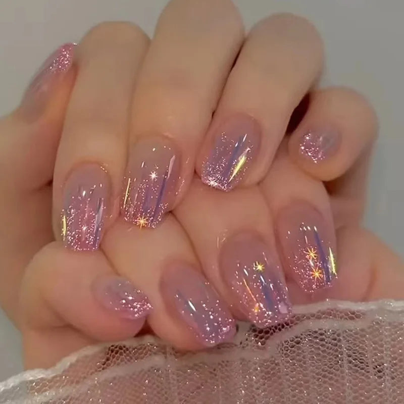 24Pcs Short Square Nude Fake Nails Art White Edge Glossy Artificial French False Nails Removable Full Cover Press on Nail Tips