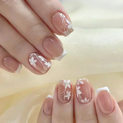 24Pcs Short Square French False Nails with Flower Shiny White Edge Design Pink Glitter Fake Nails Full Cover Press on Nails Tips