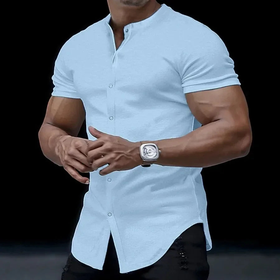 2025 Fashion Men's Stand Collar Short-sleeved Shirts Summer Solid Slim Casual Cardigan Versatile T-shirts Social Blouses for Men