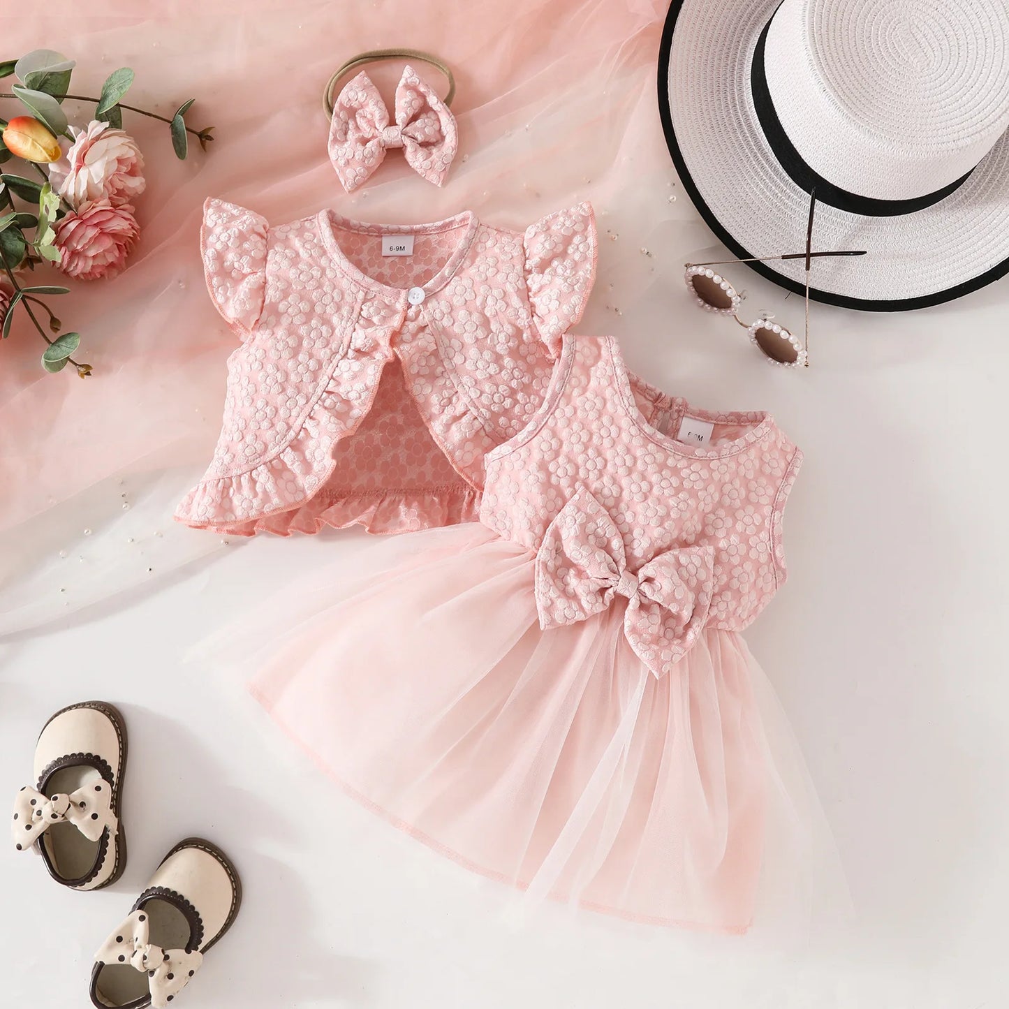 Baby Dresses Birthday Party Costume Pink Jacquard Cardigan Coat and Lace Butterfly Dress For Girls Newborns Infants Clothes