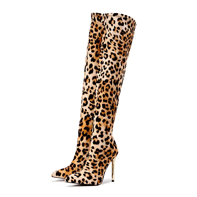 Aneikeh Over Knee Long Boots Sexy Leopard Fetish Strip Pole Dance Pointed Toe Thin Heels