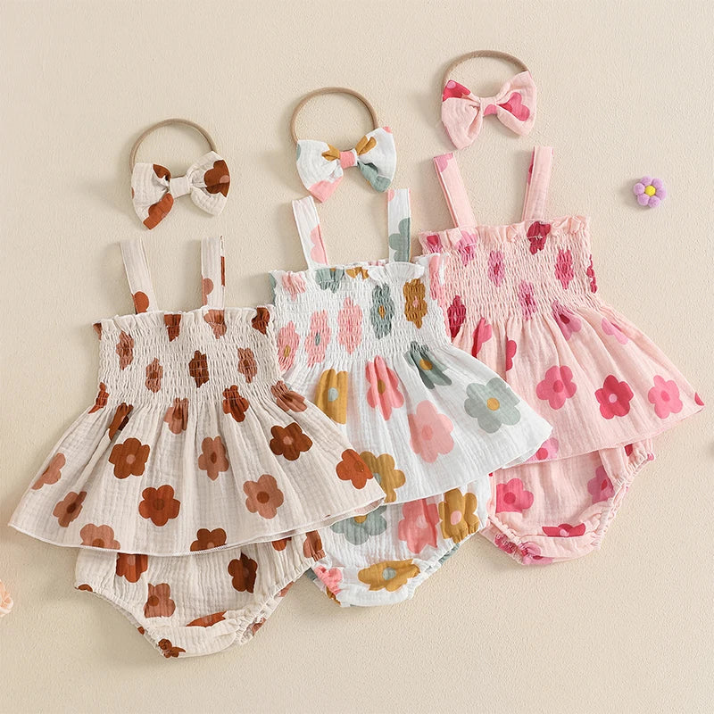 Summer Newborn Baby Girls Clothes Sets Floral Print Sleeveless Ruched Ruffles Tanks Tops+Shorts Bottoms Holiady Beach Outfits