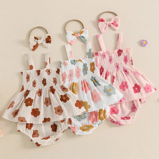Summer Newborn Baby Girls Clothes Sets Floral Print Sleeveless Ruched Ruffles Tanks Tops+Shorts Bottoms Holiady Beach Outfits