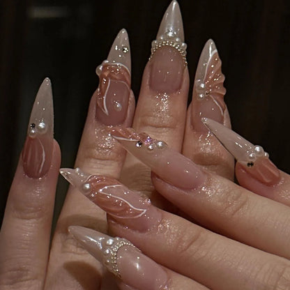 Ramadan Style False Nails with Gold Moon Star Design Almond Red French