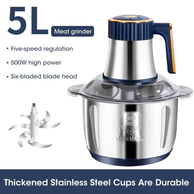 5L Electric Meat Grinder Large Capacity Stainless Steel Mixer Kitchen Vegetable and Meat Grinder Multifunctional Household Mixer