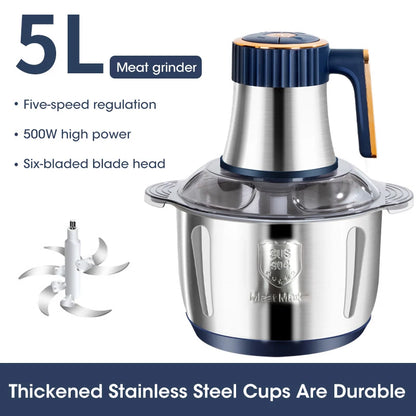 5L Electric Meat Grinder Large Capacity Stainless Steel Mixer Kitchen Vegetable and Meat Grinder Multifunctional Household Mixer