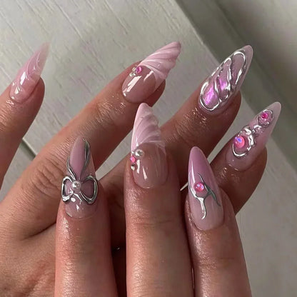24Pcs Pink Almond French Press on Nails With 3D Bow ripple charms Design Fake Nails Ballerina False Nails Full Cover Nail Tips