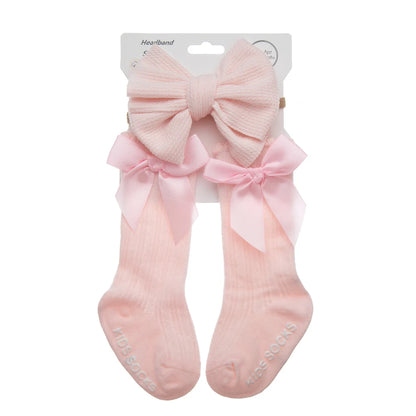 3Pcs/Set Baby Cotton Knee Socks Silk Stain Hair Bow Headbands Non-slip 0-12M Long Leggings Stockings Nylon Hairbands Infant Sock
