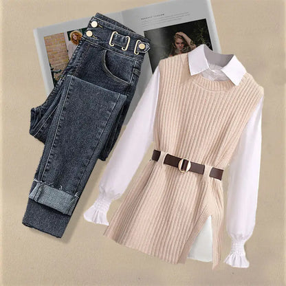 Large Autumn and Winter Suit for Women Vest Shirt Casual Slim Jeans Three Piece Set