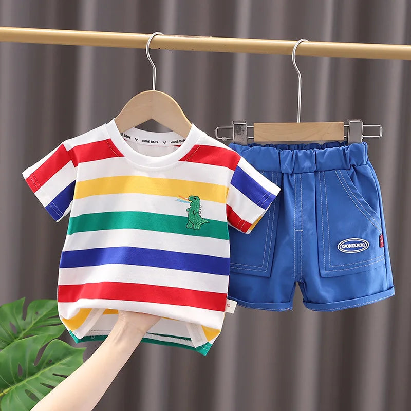 Summer Cute Cartoon Dinosaur Fashion Children O-neck T-shirt+Shorts+Bag Toddler Baby Boys
