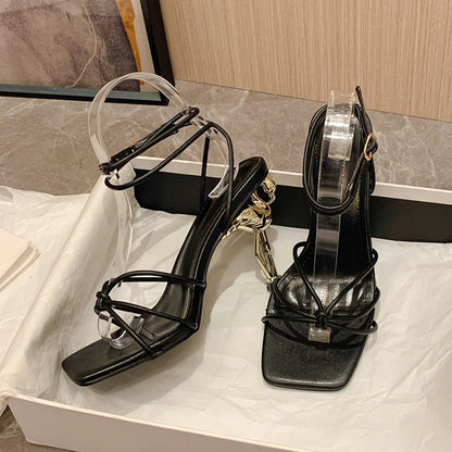 Aneikeh 2025 New Flamingo Heel Style Sandals Women Patent Leather Narrow Band Square Head Open Toe