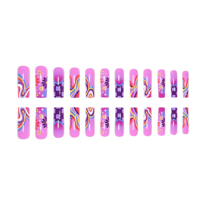24 Long Coffins with Purple Flower Patterns ABS Full Gloss Fake Nails&1 Nail File and 1 Piece of Jelly Glue