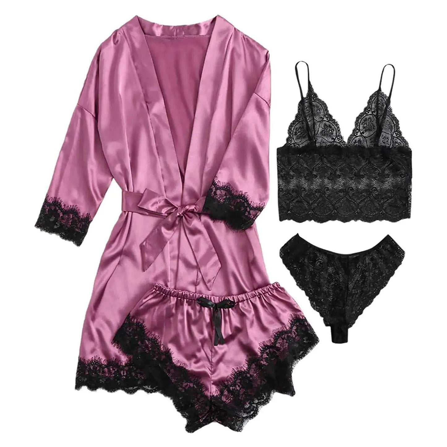 Sexy Pajama Pants Set 4 Pieces Lace Satin With Silk Sleepwear Robe