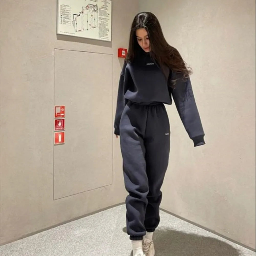 Autumn And Winter New Casual Sports Women's Suit Fashion Solid Color Simple Warm Pants Hoodie Female 2 Piece