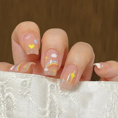 24Pcs New White Daisy Fake Nails Short Simple Detachable Wearable Armor Wearing Reusable False Nails Ballerina Press on Nail Set