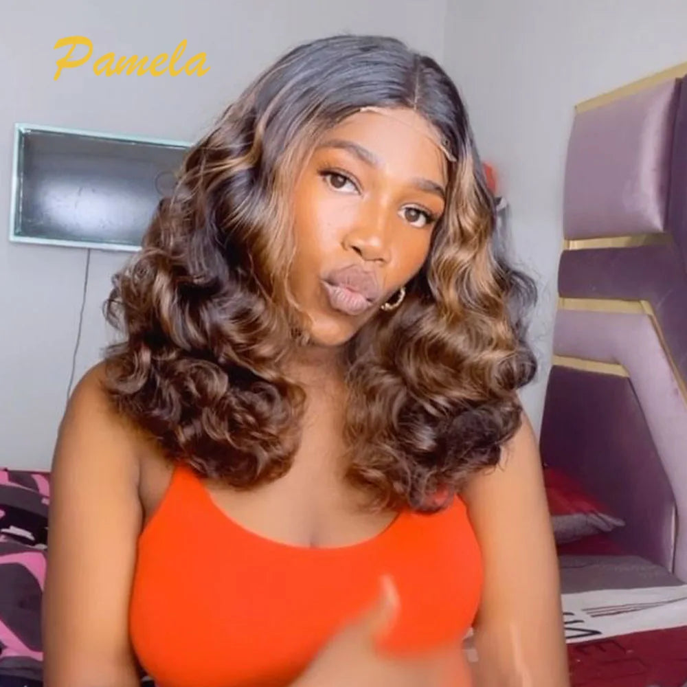 Ombre Blonde Short Bob 4x4 Glueless Human Hair Wigs 13x4 Transparent Lace Frontal Wigs Brown Loose Deep Wave Bob For Women