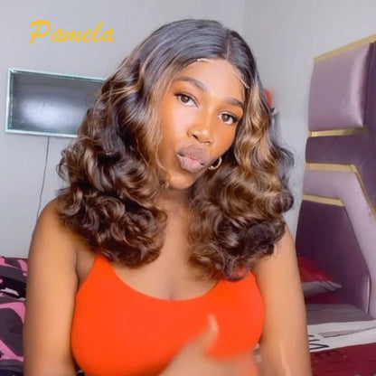 Ombre Blonde Short Bob 4x4 Glueless Human Hair Wigs 13x4 Transparent Lace Frontal Wigs Brown Loose Deep Wave Bob For Women