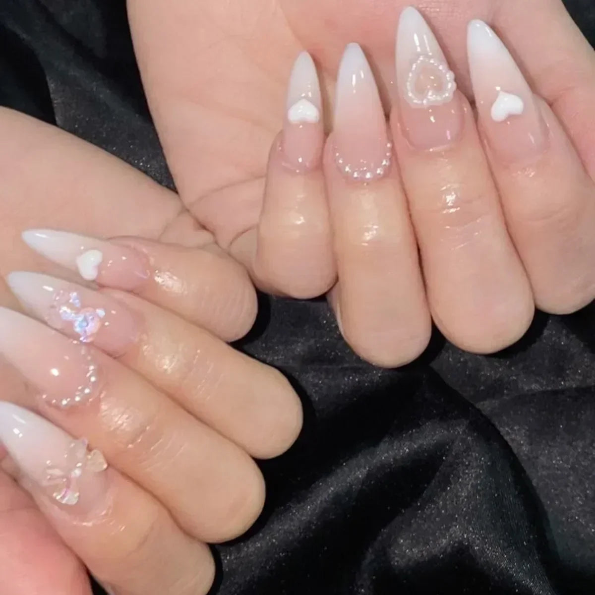 24Pcs Pink Almond French Press on Nails With 3D Bow ripple charms Design Fake Nails Ballerina False Nails Full Cover Nail Tips