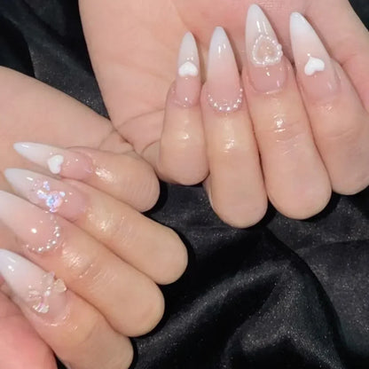 24Pcs Pink Almond French Press on Nails With 3D Bow ripple charms Design Fake Nails Ballerina False Nails Full Cover Nail Tips