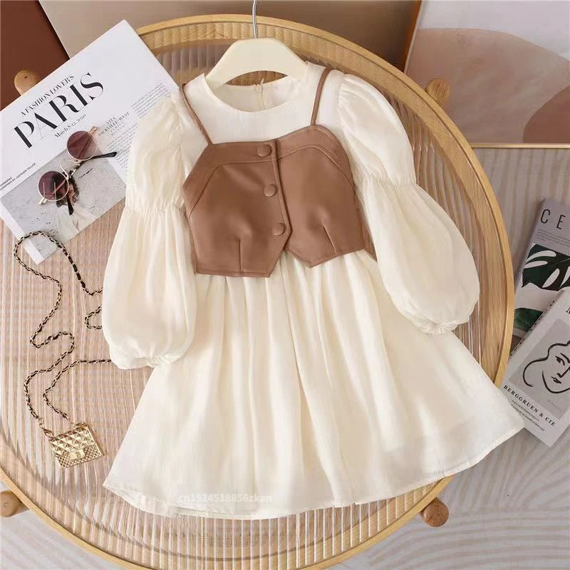 Spring Autumn Baby Suits Girl Vest + Long Sleeve Dresses 2piece Kids Cute Princess Dress Children Chiffon