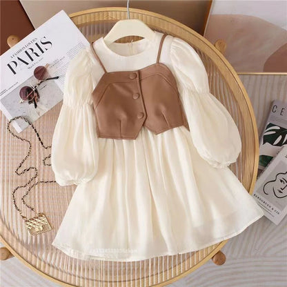Spring Autumn Baby Suits Girl Vest + Long Sleeve Dresses 2piece Kids Cute Princess Dress Children Chiffon