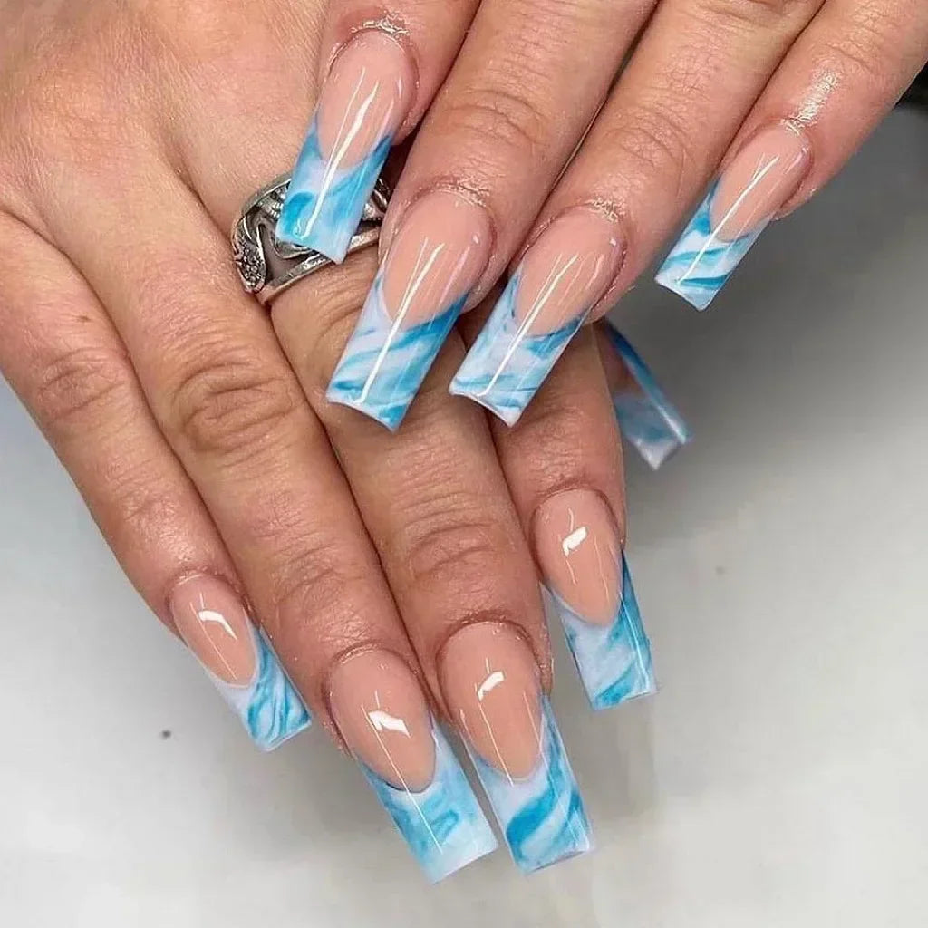 24Pcs Long Ballet Square False Nails Simple French 3d Curve Design Fake Nails Wearable Press on Fake Nails Full Cover Nails Tips