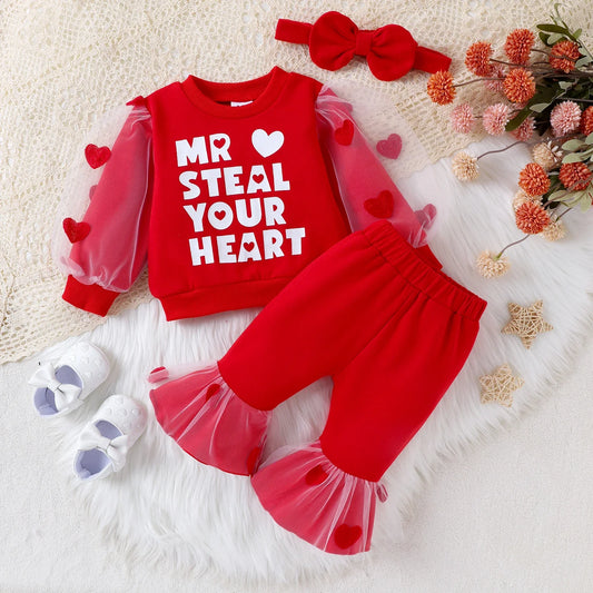 PatPat 3PCS Baby Girl Sweet Fabric Stitching Letter Pattern Set  Soft and Comfortable  Perfect for Outings and Daily Wear