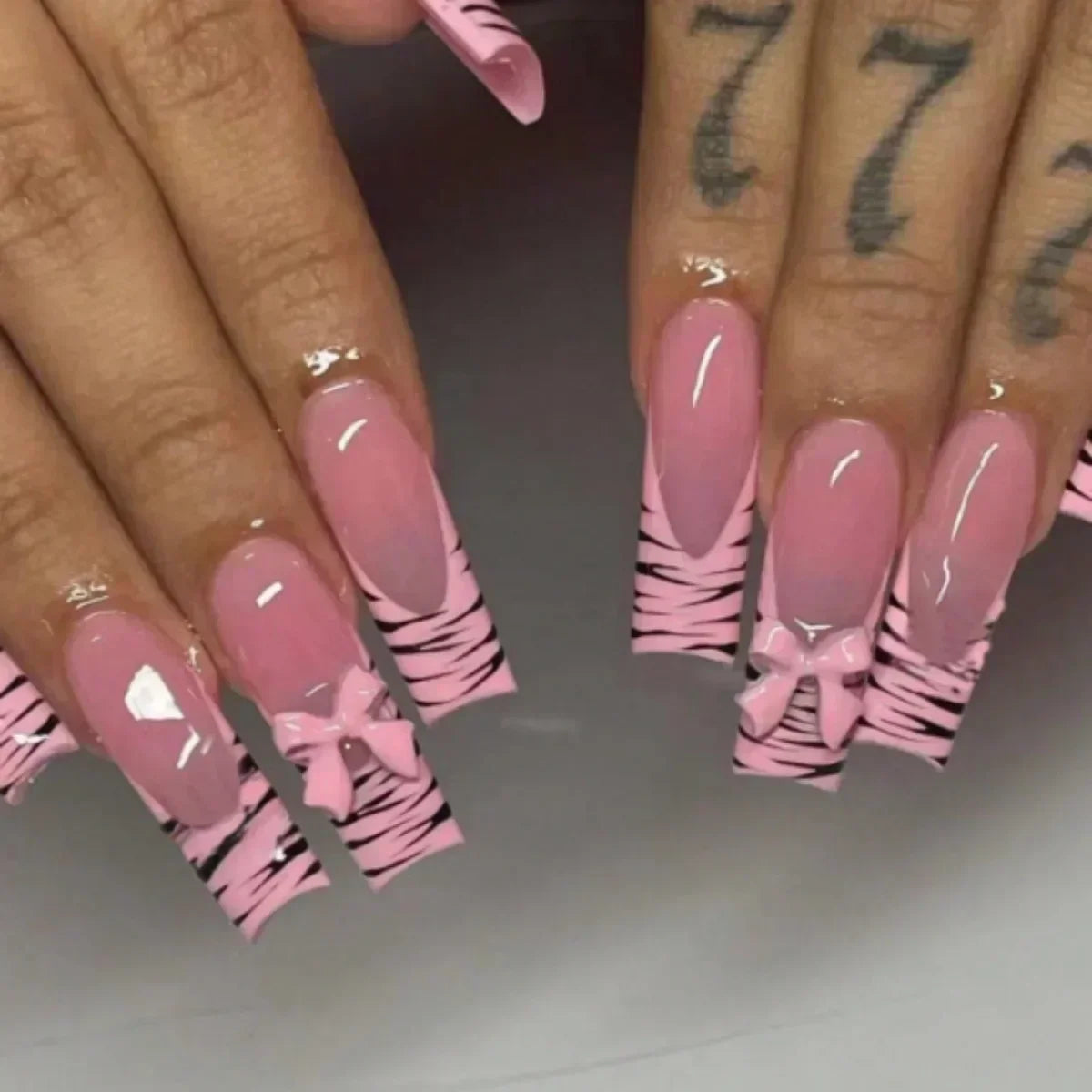 24Pcs Long Ballet French False Nails Pink Butterfly Flower with Rhinestones Wearable Fake Nails Gradient Press on Nail Tips Art