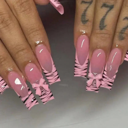 24Pcs Long Ballet French False Nails Pink Butterfly Flower with Rhinestones Wearable Fake Nails Gradient Press on Nail Tips Art