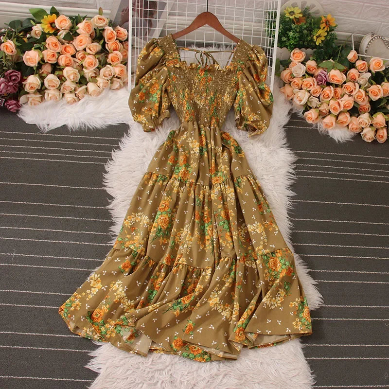 Korean Fashion Floral Print 2025 Party Dress Summer Short Puff Sleeve Vacation Women Long Dress Beach Vestidos