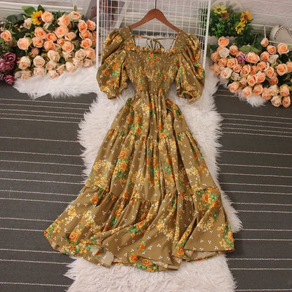 Korean Fashion Floral Print 2025 Party Dress Summer Short Puff Sleeve Vacation Women Long Dress Beach Vestidos