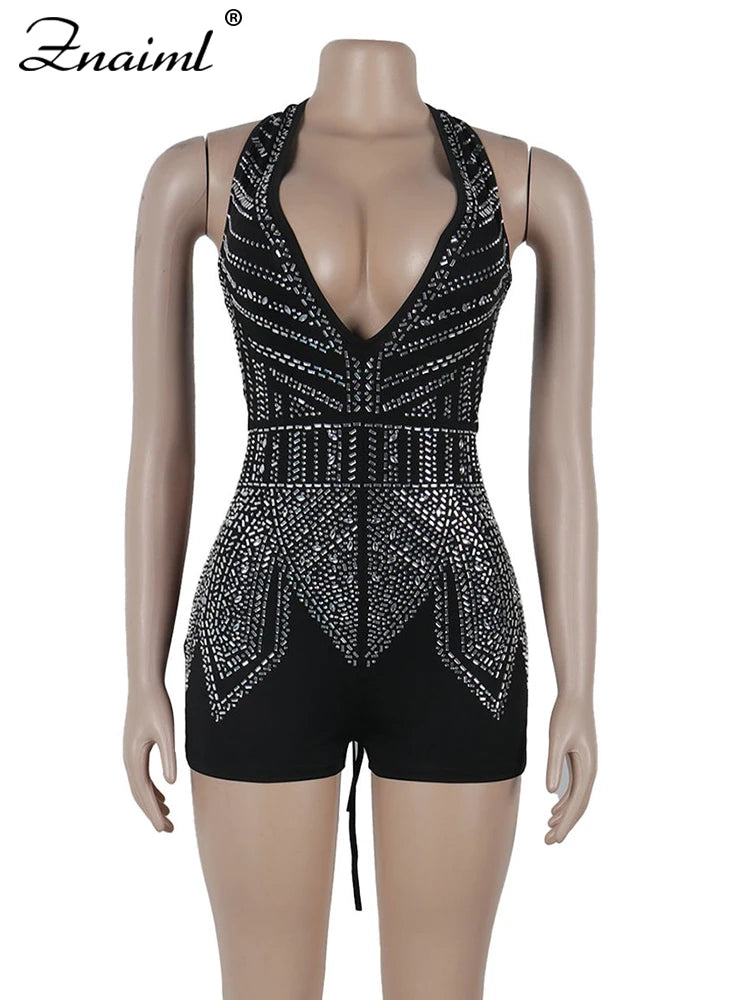 Gorgeous Deep V Neck Rhinestone Halter Bandage Playsuits Women Crystal Short Jumpsuits Rompers