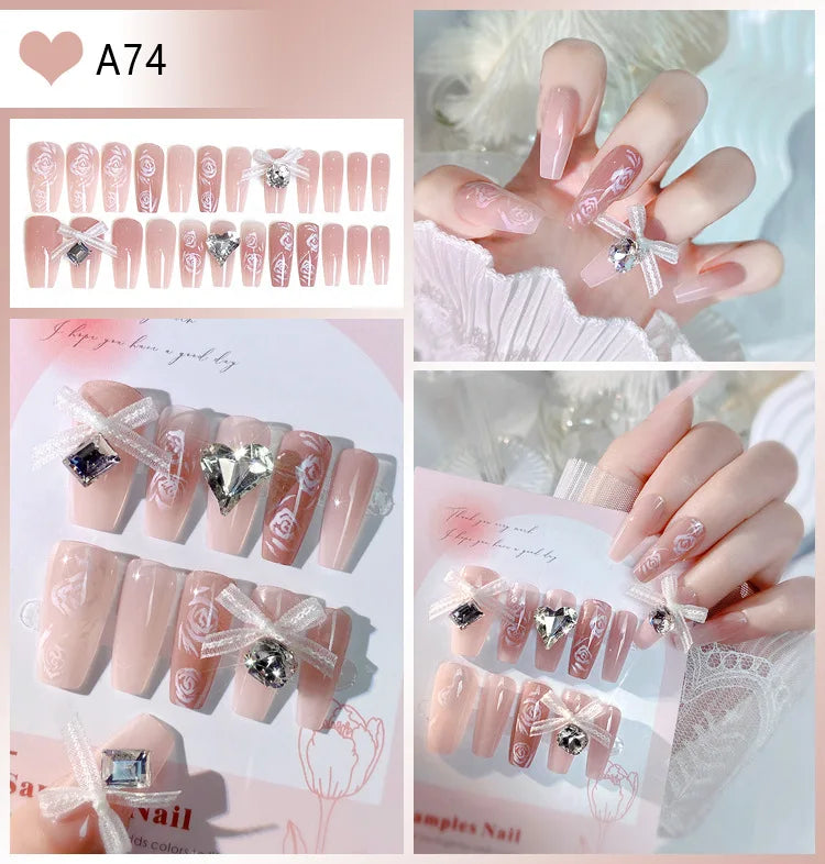 24pcs Luxury Mid-Long Ballet False Nails Set Glittering Rhinestone+Handmade Flowers Press-on Fake Nail Glossy Patch For Bridal