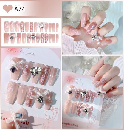 24pcs Luxury Mid-Long Ballet False Nails Set Glittering Rhinestone+Handmade Flowers Press-on Fake Nail Glossy Patch For Bridal