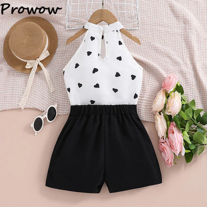 4-12Y Summer Sets For Girls Outfits Sleeveless Halter Neck Heart Top and Black Shorts Children Teenager