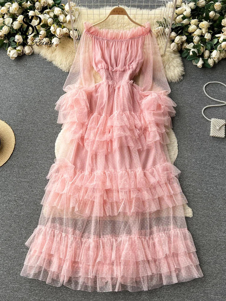 Off the Shoulder Tierred Elastic Sundress Polka Dot Lace Maxi Dress