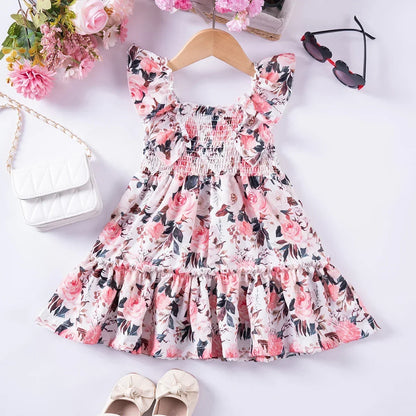 Summer New Kids Dresses for Girls Floral Fly Sleeve Sleeveless Princess Dress Cute Sweet Lovely Fashion Versatile
