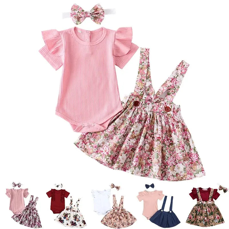 3Pcs Summer Girl Clothes Set Short Sleeve Romper Floral Dress Overalls Headband