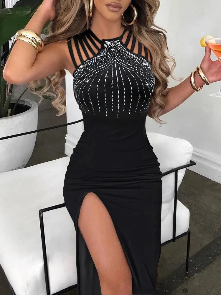 Slim Hot Rhinestone French Sleeveless High Slit Sexy Dress