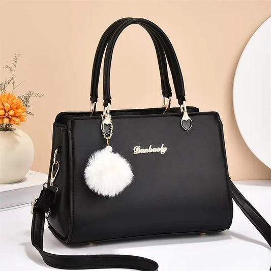 Women Plush Ball Decor Handbag PU Leather Top Handle Shoulder Bags